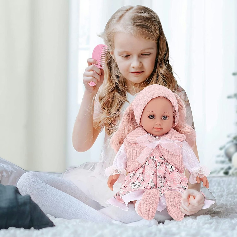 image 1 of Baby Doll Dress-Up Set with Clothes and Hair Accessories – 36cm Soft Body Doll