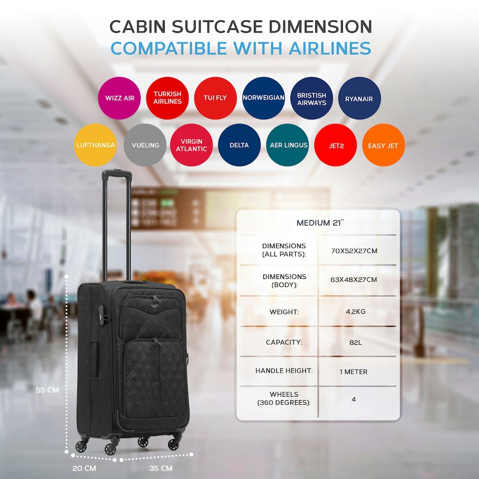 image 1 of Flight Knight Lightweight 4 Wheel 800D Soft Case Quilted Suitcases Anti Crack Cabin & Hold Luggage Options 100+ Airlines Approved - easyJet, BA & Many More! Black | Medium