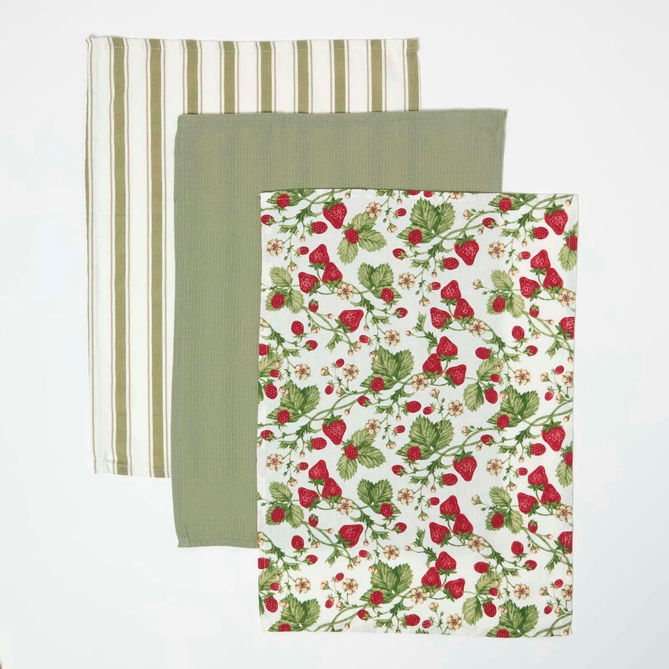 image 1 of Homescapes Strawberry Tea Towels Set of Three | Multi | One size | 3