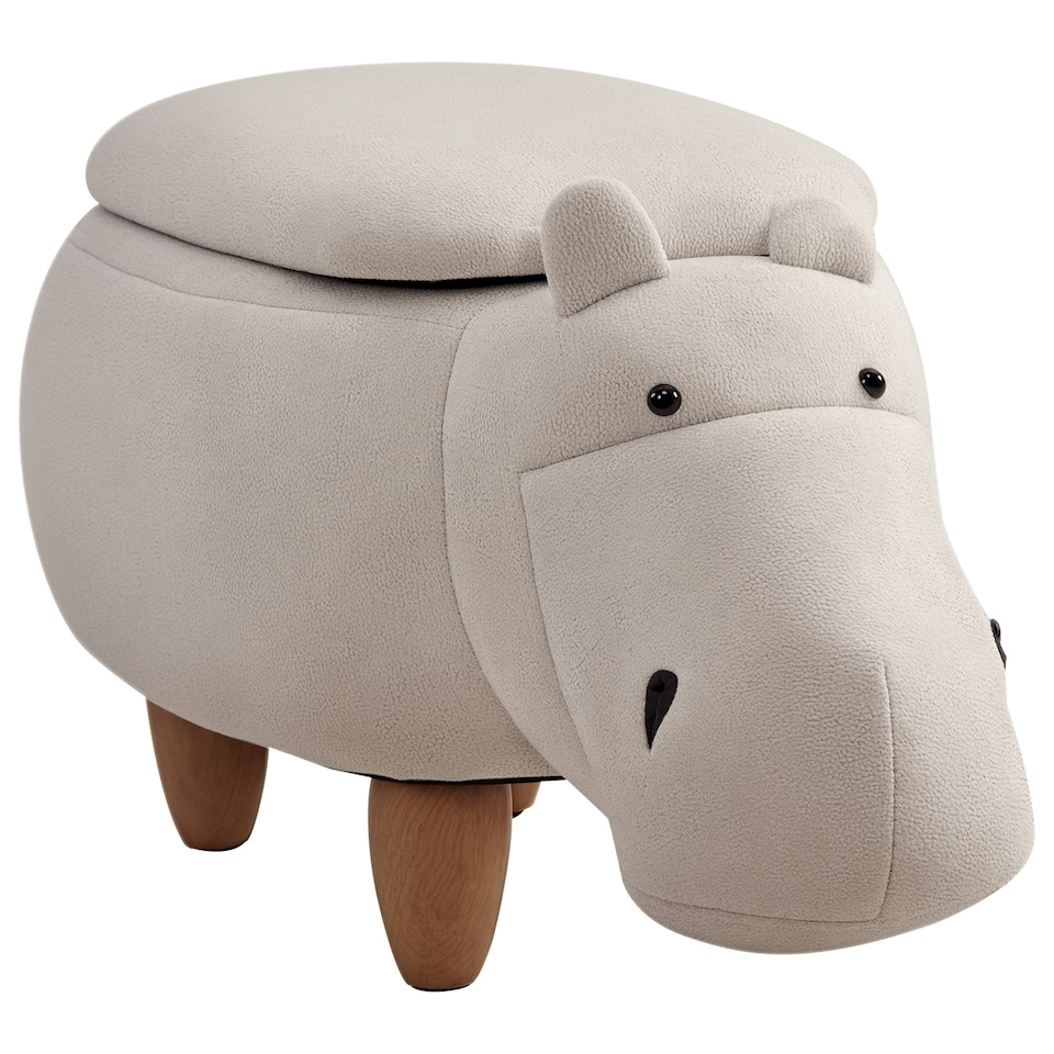 image 1 of HOMCOM Hippo Storage Stool Cute Decoration Footrest Wood Frame Legs Cream