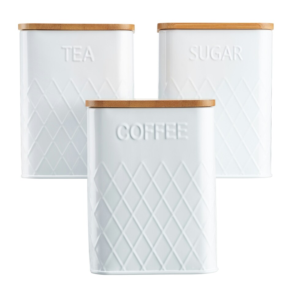 image 1 of Cooks Professional Kitchen Storage Set | 3-Piece Square with Bamboo Lids | Tea Coffee Sugar | White