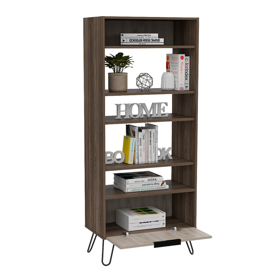 image 1 of Nevada Large Four Shelf Display Bookcase With Storage - Grey and Bleached Oak Effect with Industrial Metal Accents | Brown | Grey & Bleached Oak | One Size | 1