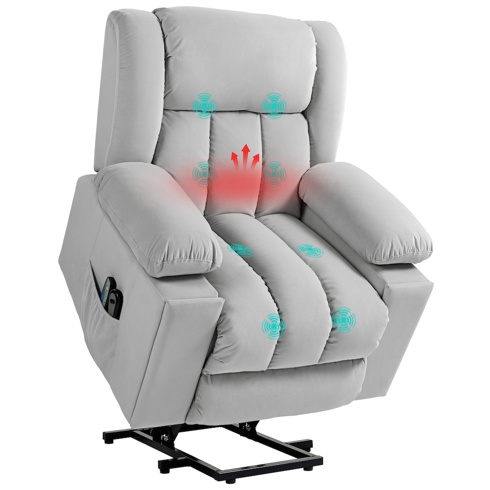 image 1 of HOMCOM Power Lift Recliner Chair with Vibration Massage and Heat, Electric Lift Chair for Elderly, Overstuffed Fabric Riser and Reclining Armchair with USB Ports, Cup Holders, Light Grey