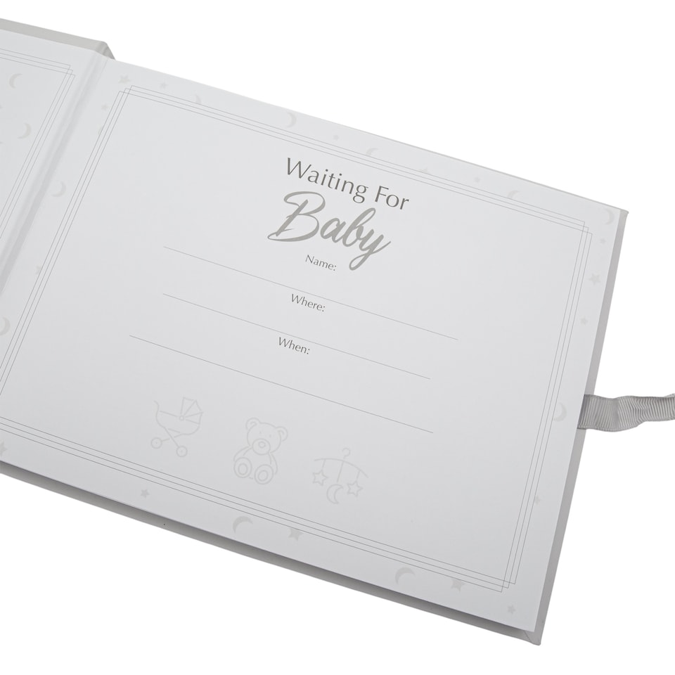 image 1 of Grey Baby Shower Guest Book with Silver Plated Rattle Pram and Booties