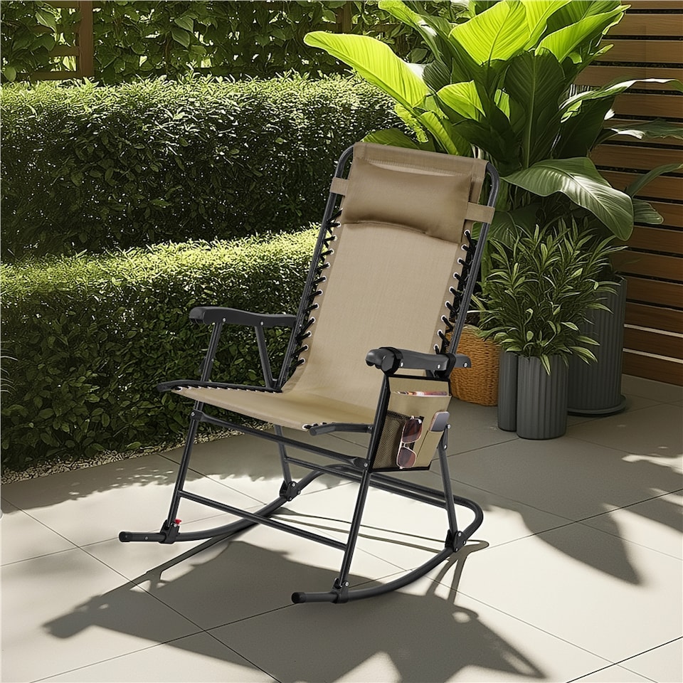 image 1 of Yaheetech 65.5 cm W Foldable Rocking Lounger with Pillow-Beige | Cream | Beige | One Size | 1