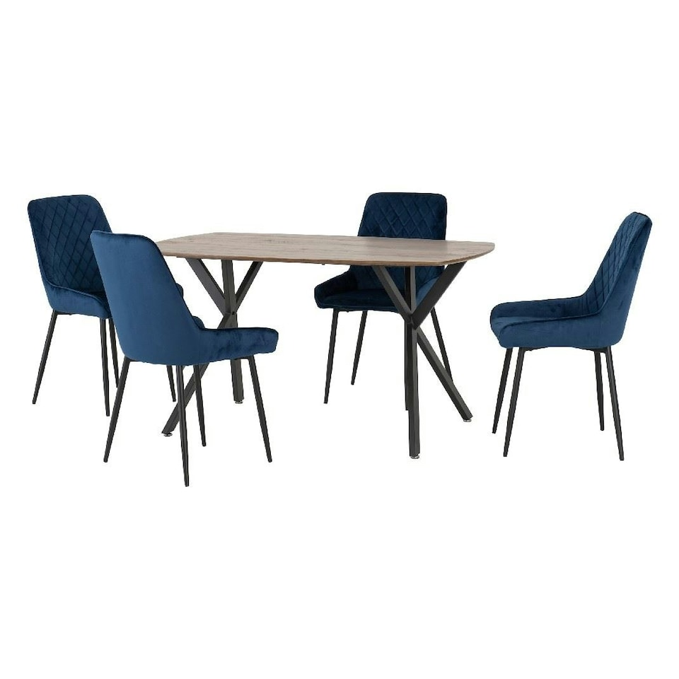 image 1 of Athens Dining Set with 4 Avery Velvet Chairs Blue | Medium Oak/Sapphire Blue