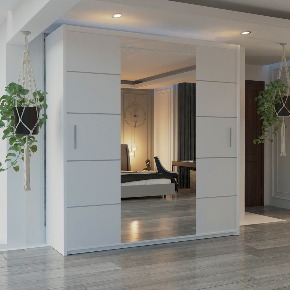 image 1 of Alfa Double Sliding Door Wardrobe with Mirror for Bedroom - White 180cm