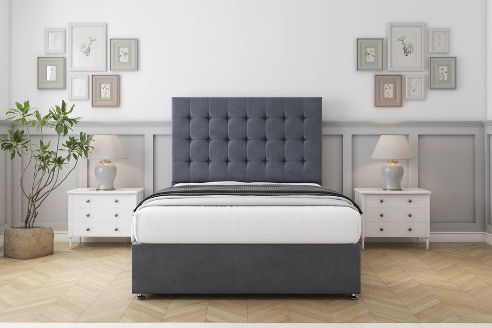image 1 of Sloomy Alabama Steel Plush Divan Bed Base 2 Drawers Foot-End With 26 Inch Strutted Headboard | Grey | Steel | Double | 1