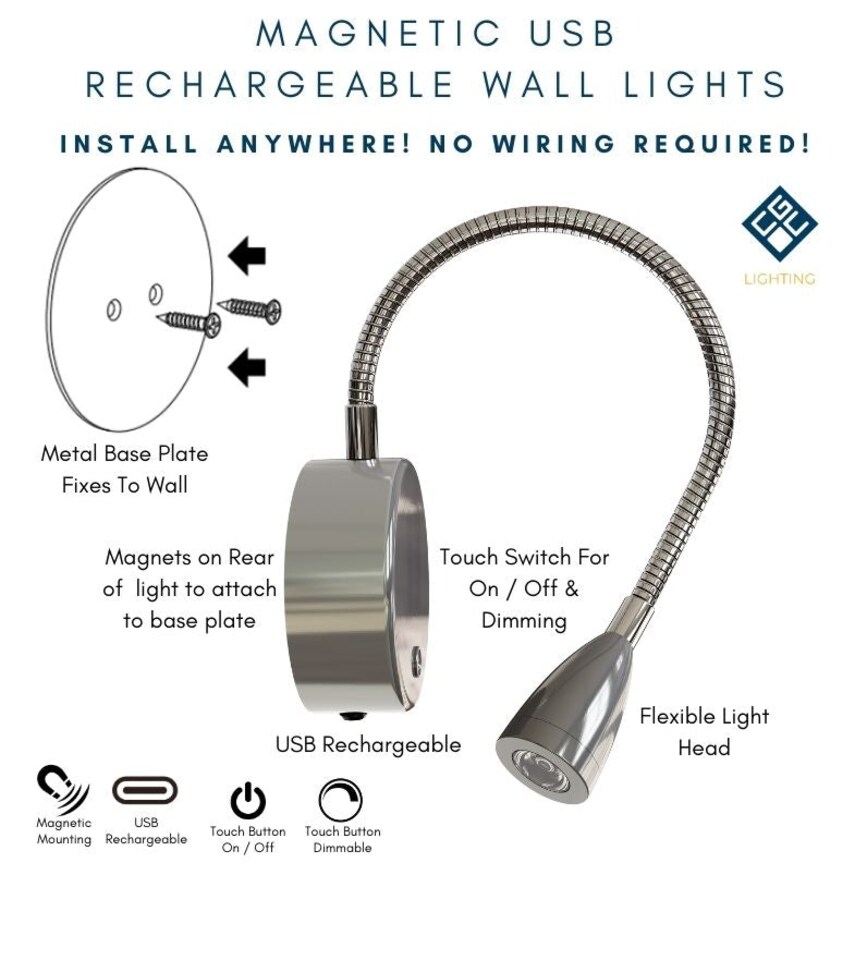 image 1 of CGC MATILDA Satin Nickel Adjustable Flexible Neck Rechargeable Magnetic USB‑C LED Bedside Wall Light
