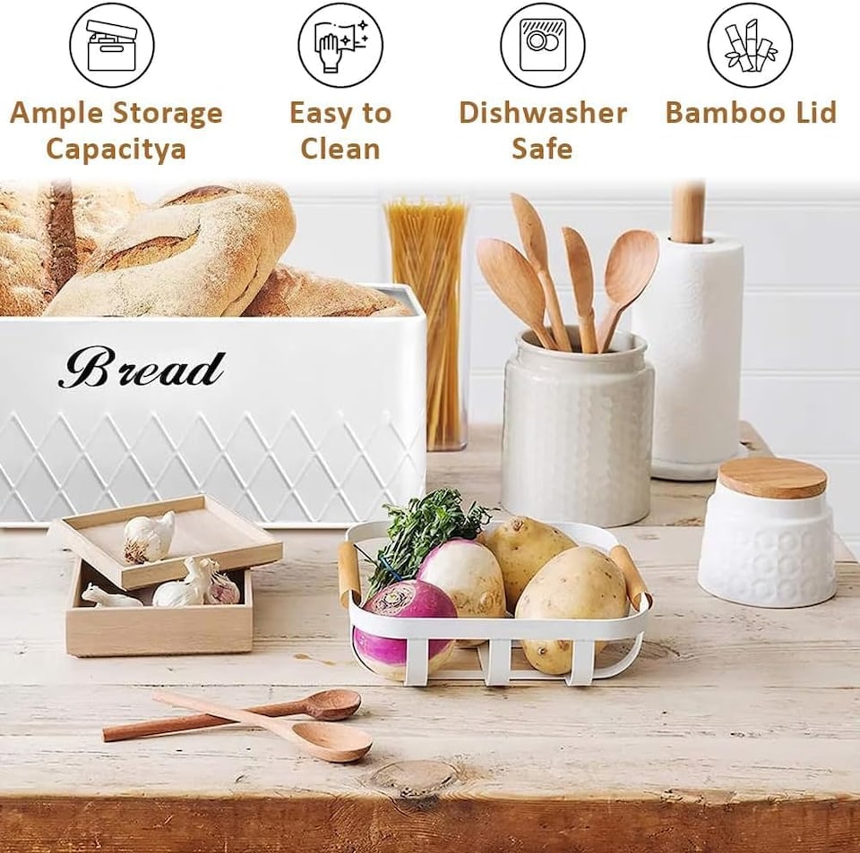 image 1 of 6Pcs Kitchen Storage Canister Jars with Can Opener Airtight Bamboo Lid Tea Coffee Sugar Bread Tins Set
