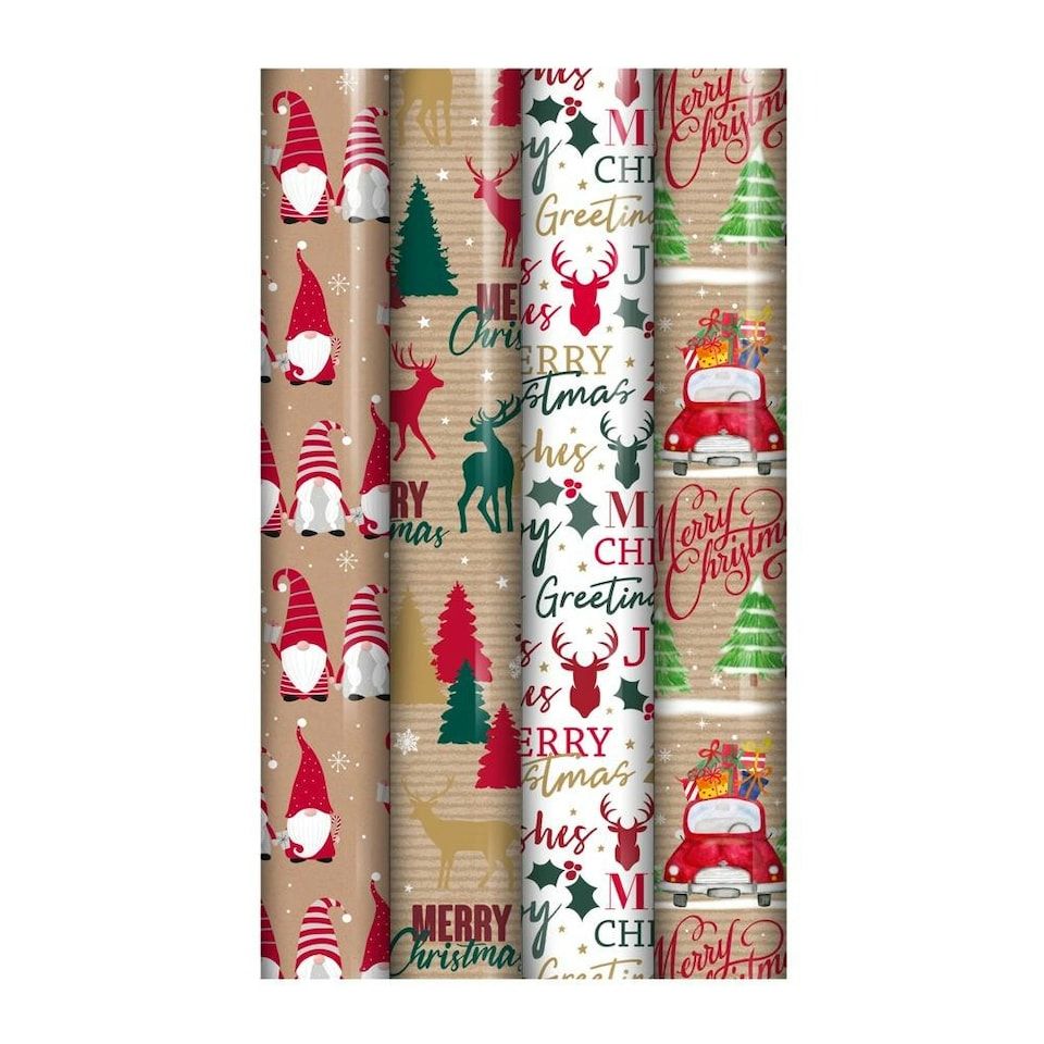 image 1 of Pack of 4 4m Sim Kraft Christmas Design Gift Wrap Rolls