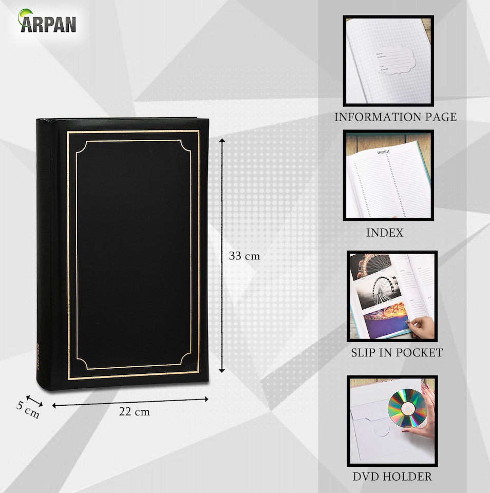 image 1 of ARPAN Deluxe Padded Cover Slip In Memo Photo Album for 300 Photos 6x4" (10x15cm) – Bookbound Picture Album with Memo Writing Space – Black