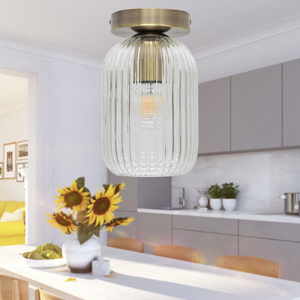 image 1 of Batley - Clear Ribbed Glass Antique Brass Ceiling Light Fitting