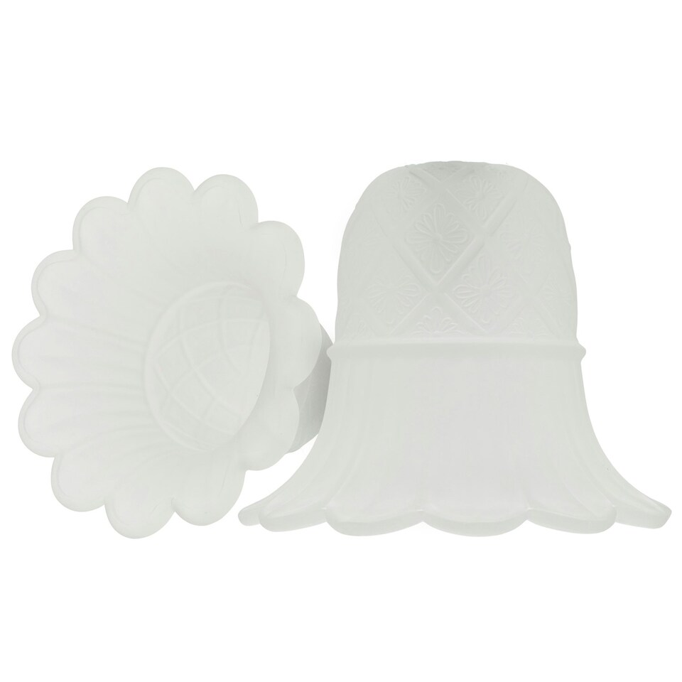 image 1 of Pair of Frosted White Floral Glass Shades with Ribbed Petal Trim for E14 and E27
