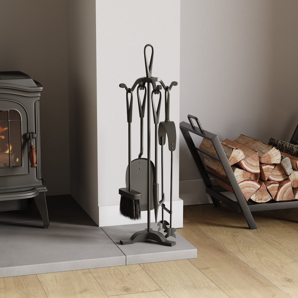 image 1 of Fire Vida 5 Piece Buxton Companion Set Fireside Fireplace Accessory, Black