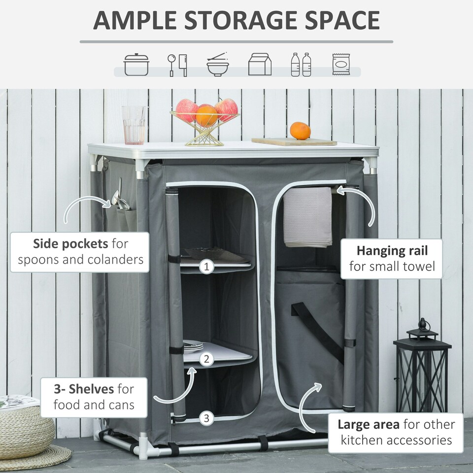 image 1 of Outsunny Outdoor Aluminum 3-shelf Camping Cupboard Kitchen Station Cook Table