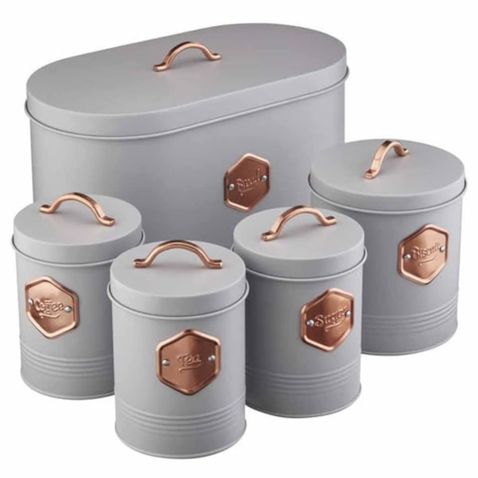 image 1 of Cooks Professional 5 Piece Kitchen Storage Set - Tea, Coffee, Sugar, Bread & Biscuit Tins | Grey | Grey & Copper | 5