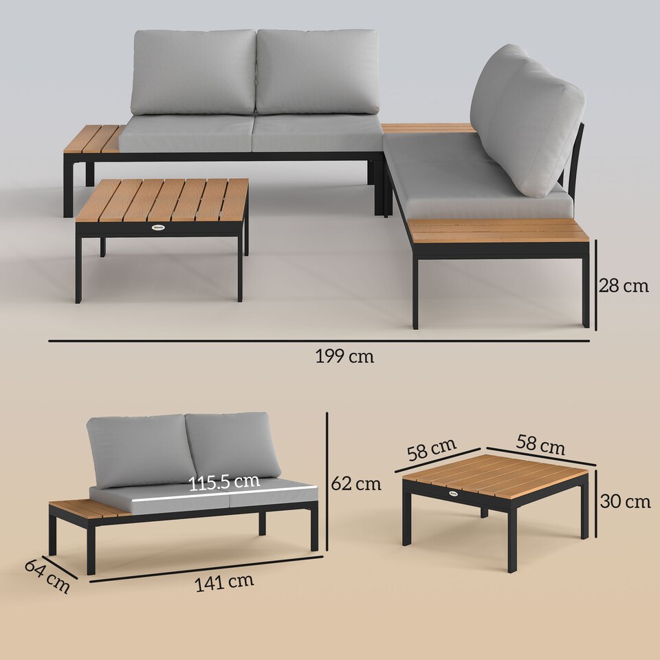 image 1 of Outsunny 4 Seater Garden Corner Sofa Set with Removable Thick Cushions Teak