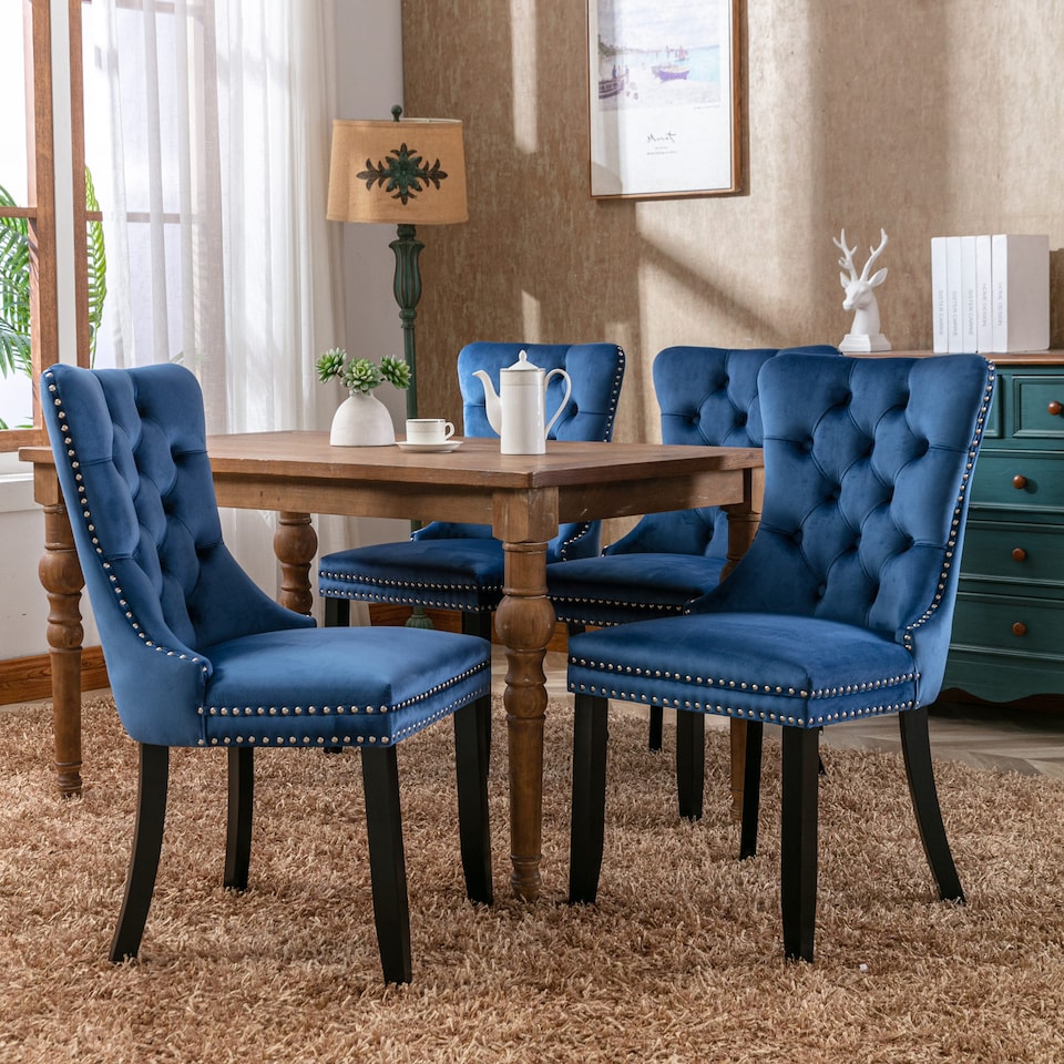 image 1 of Romsey Set of 4 Modern Velvet Dining Chairs with Solid Oak Legs