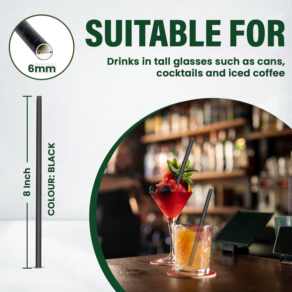 image 1 of ECONX Black Paper Straws 8 Inch Paper Drinking Straws for Parties Hot & Cold Drinks Sip Stirrers Pack 250