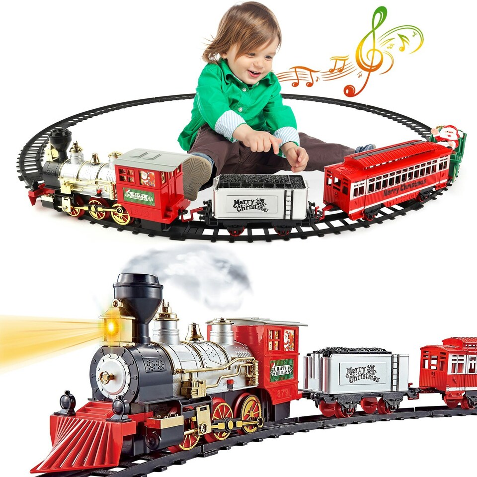 image 1 of Christmas Train Set with Light & Sounds Smoke Effect Christmas Tree Train Set fo Christmas Gift