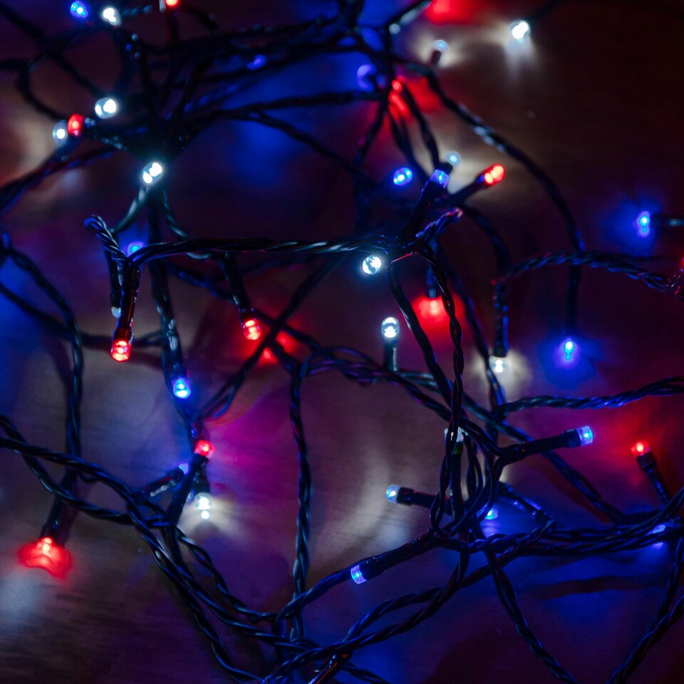 image 1 of 16m 200 LED SupaBrights Multi-Action Christmas String Lights with Timer in Blue, Red & White