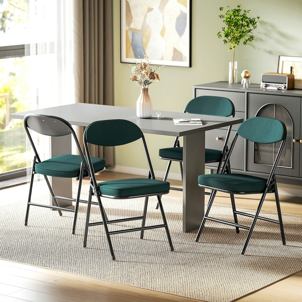image 1 of HOMCOM Folding Chairs Set of 4 with Cushioned Seat, Steel Frame, Teal Green