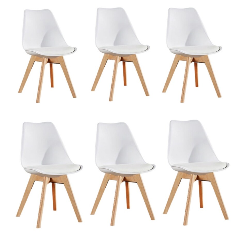 image 1 of Set of 6 Scandinavian Dining Chairs with Leather Cushions Solid Wood Legs | White