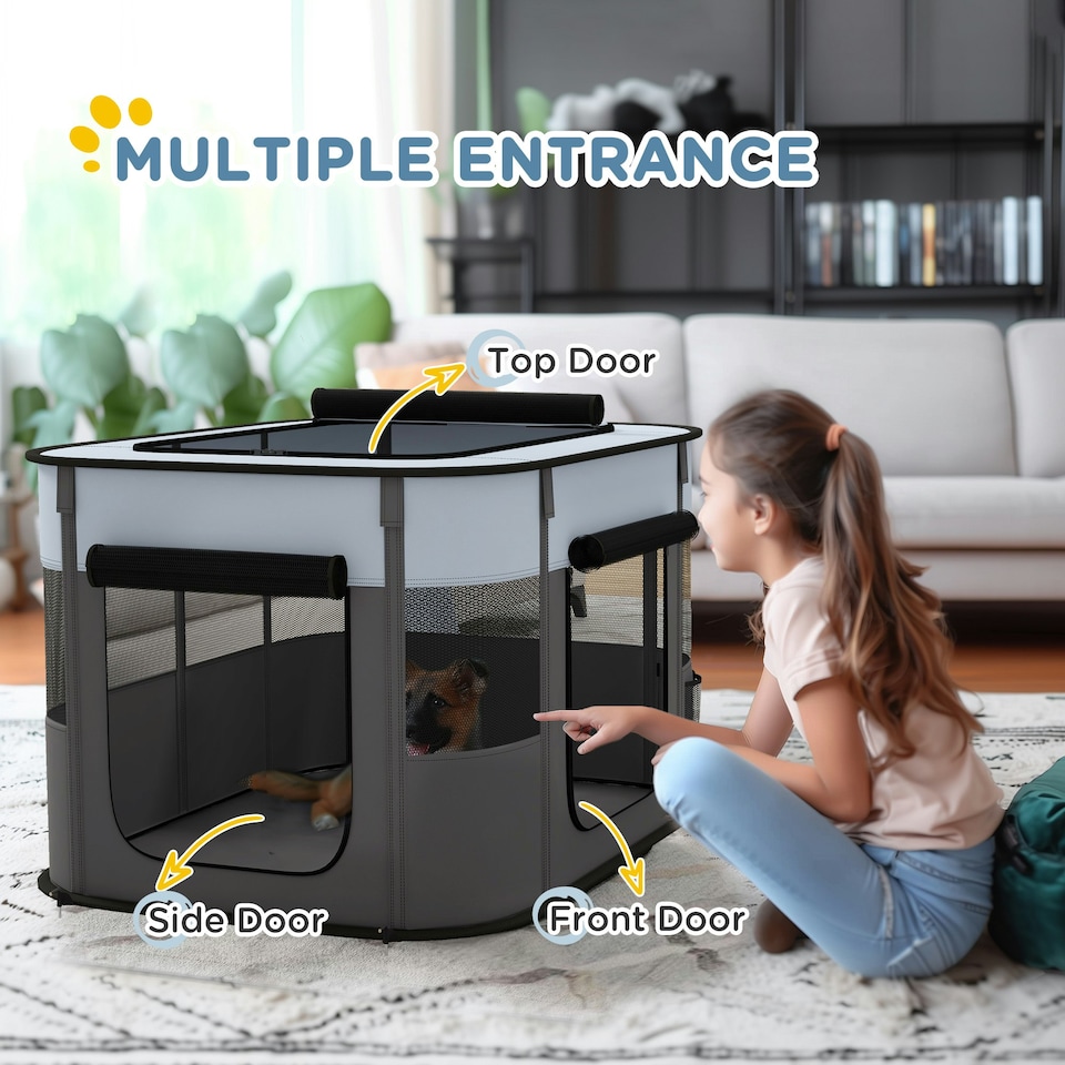 image 1 of PawHut Portable Dog Pen for Puppies, Rabbits, Kittens, Guinea Pigs - Grey