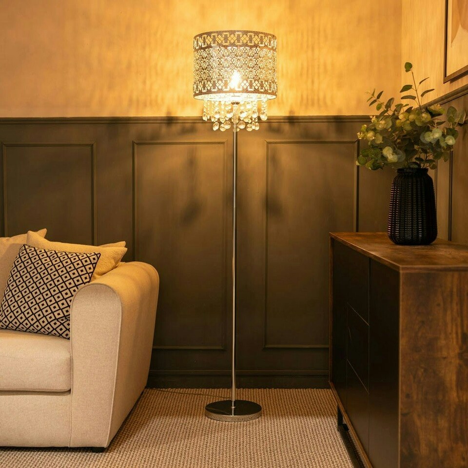 image 1 of ValueLights Enna Silver Moroccan Style Floor Lamp with Acrylic Jewel Droplet Drum Lampshade - Bulb Included
