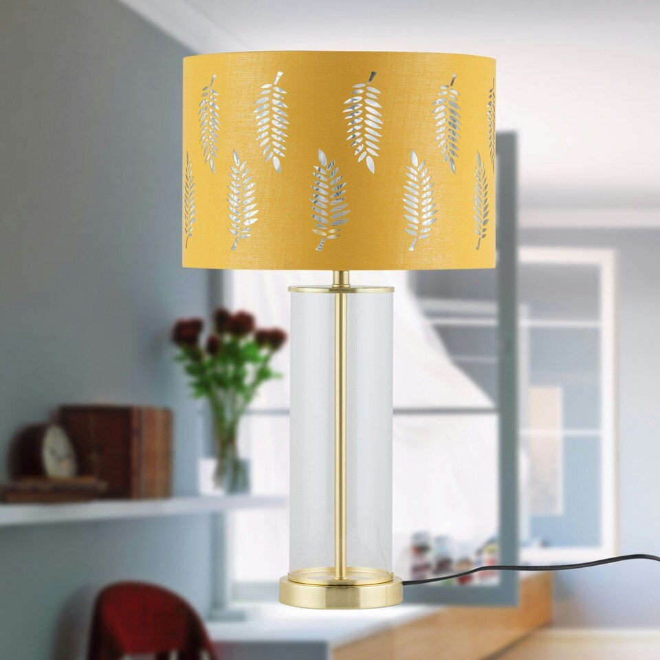 image 1 of Aura - Satin Brass Table Lamp with Ochre Fern Cut Out Silver Shade Bronze | Yellow