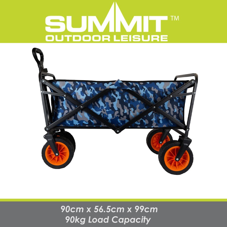 image 1 of vfm-estore Folding Trolley Cart 90kg Capacity Blue Camo, Collapsible with 2 Storage Pouches
