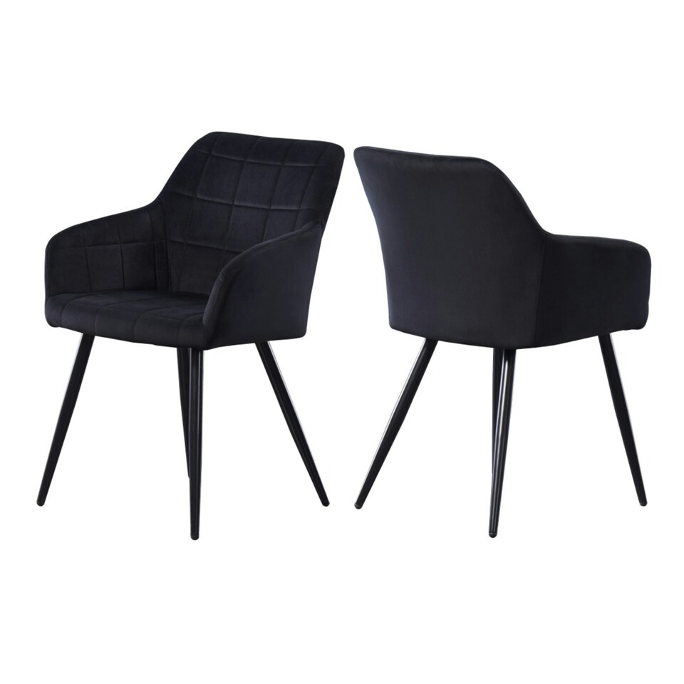 image 1 of Set of 2 Camden Modern Velvet Dining Chairs with Armrests, Quilted Design & Black Metal Legs Black
