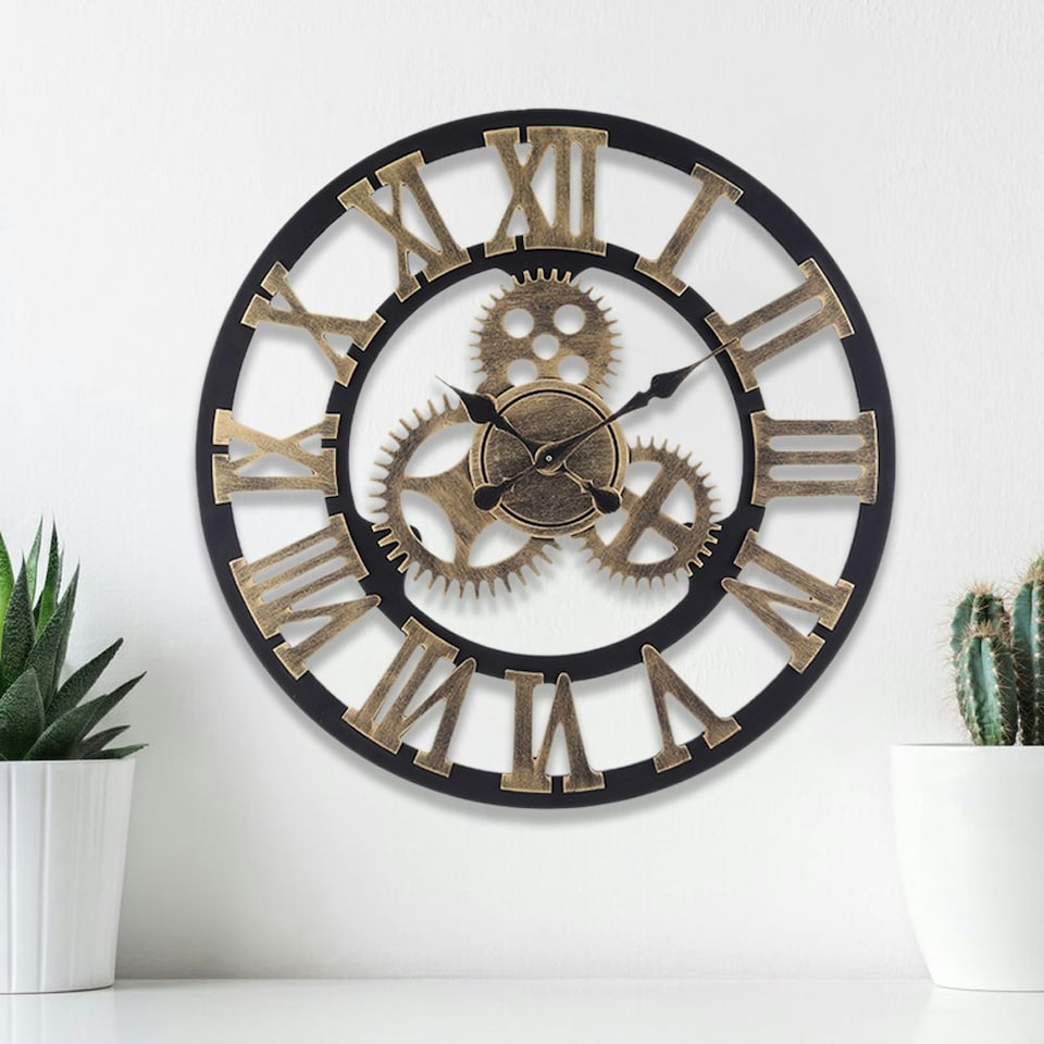 image 1 of Living and Home Industrial Large Retro Silent Wall Clock - Gold