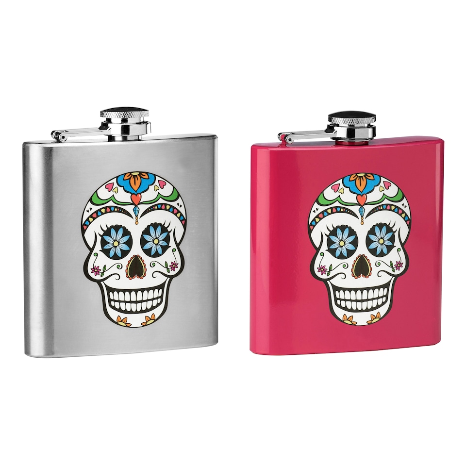 image 1 of Interiors by Premier Pink Hip Flask With Skull Design, 5oz Stainless Steel Flask With Fun Printed Graphic, Screw Cap