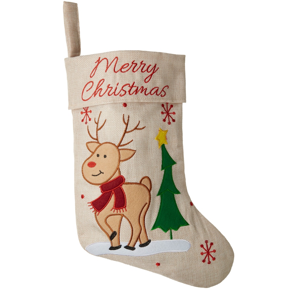 Christmas Stocking - with reindeer graphic, jute look and hanging loop