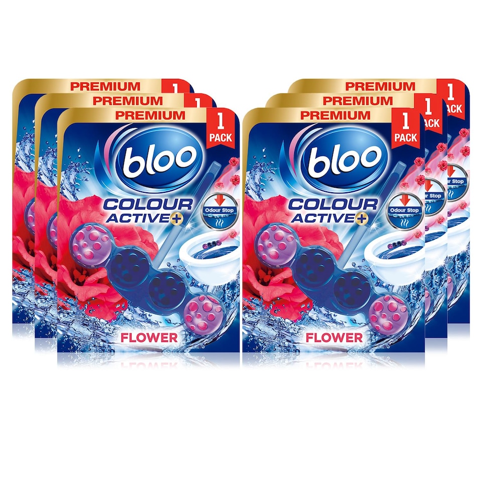 image 1 of Bloo Colour Active Fresh Flower Fragrance Odour Stop Toilet Rim Block, 50g, 6 packs | Multi | 6 Pack | 6