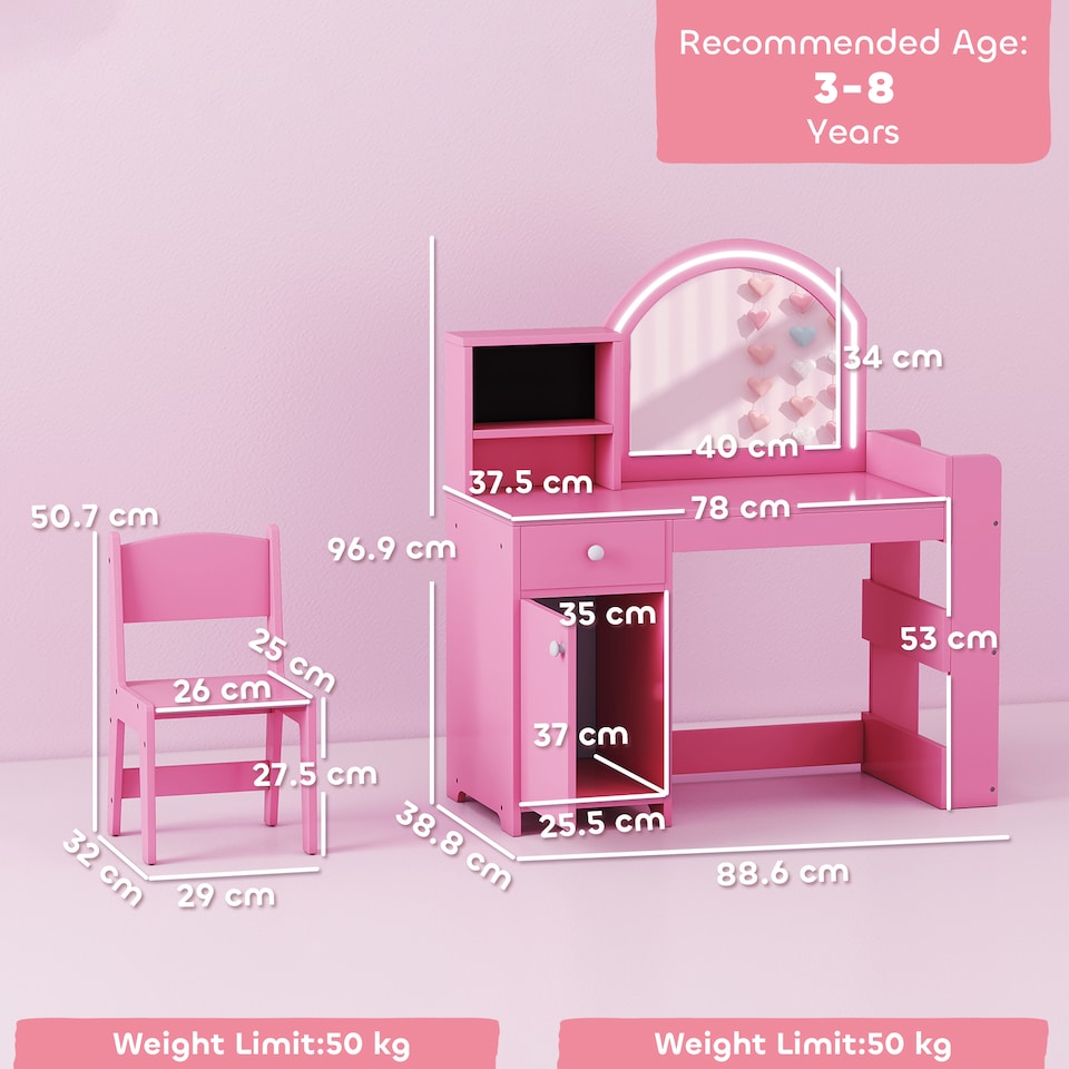 image 1 of AIYAPLAY Girls Dressing Table with 2-Colour LED Mirror and Stool, Pink