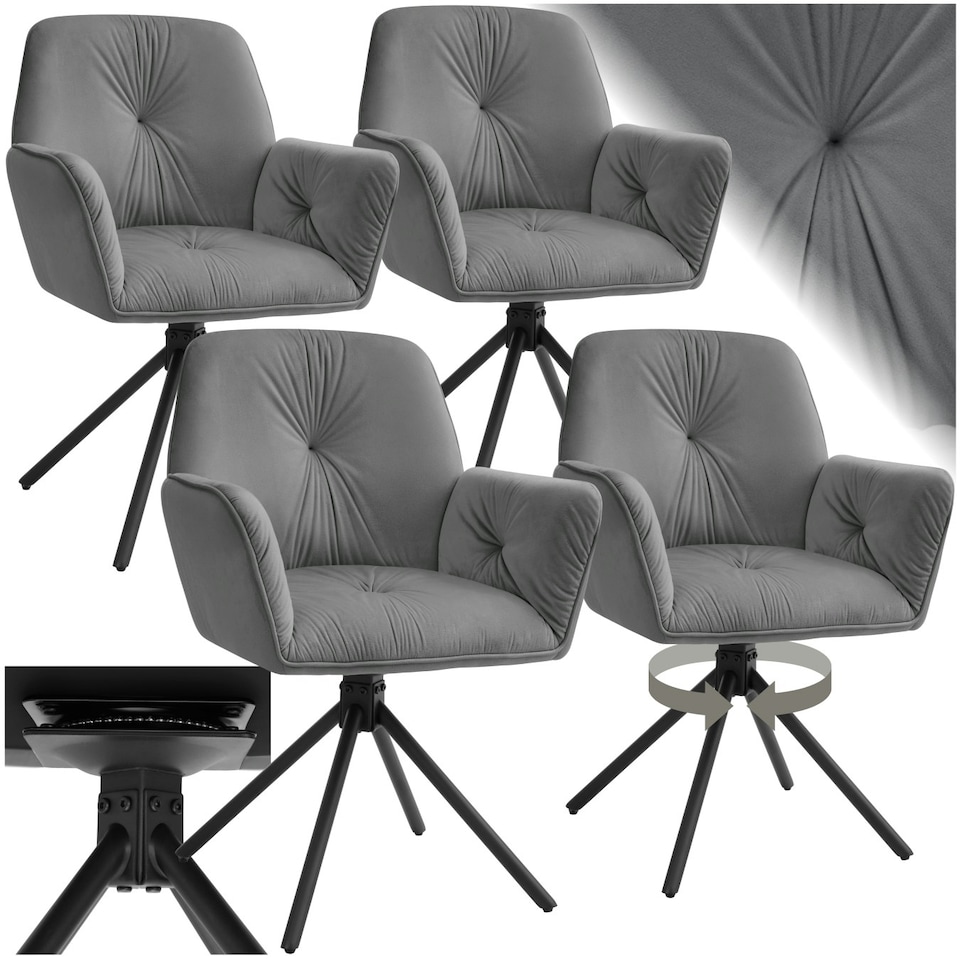 image 1 of Swivel Chair Lenia - upholstered, padded, 56.5 x 54 x 86 cm - Set of 4 Grey | Velvet Look Anthracite/Black