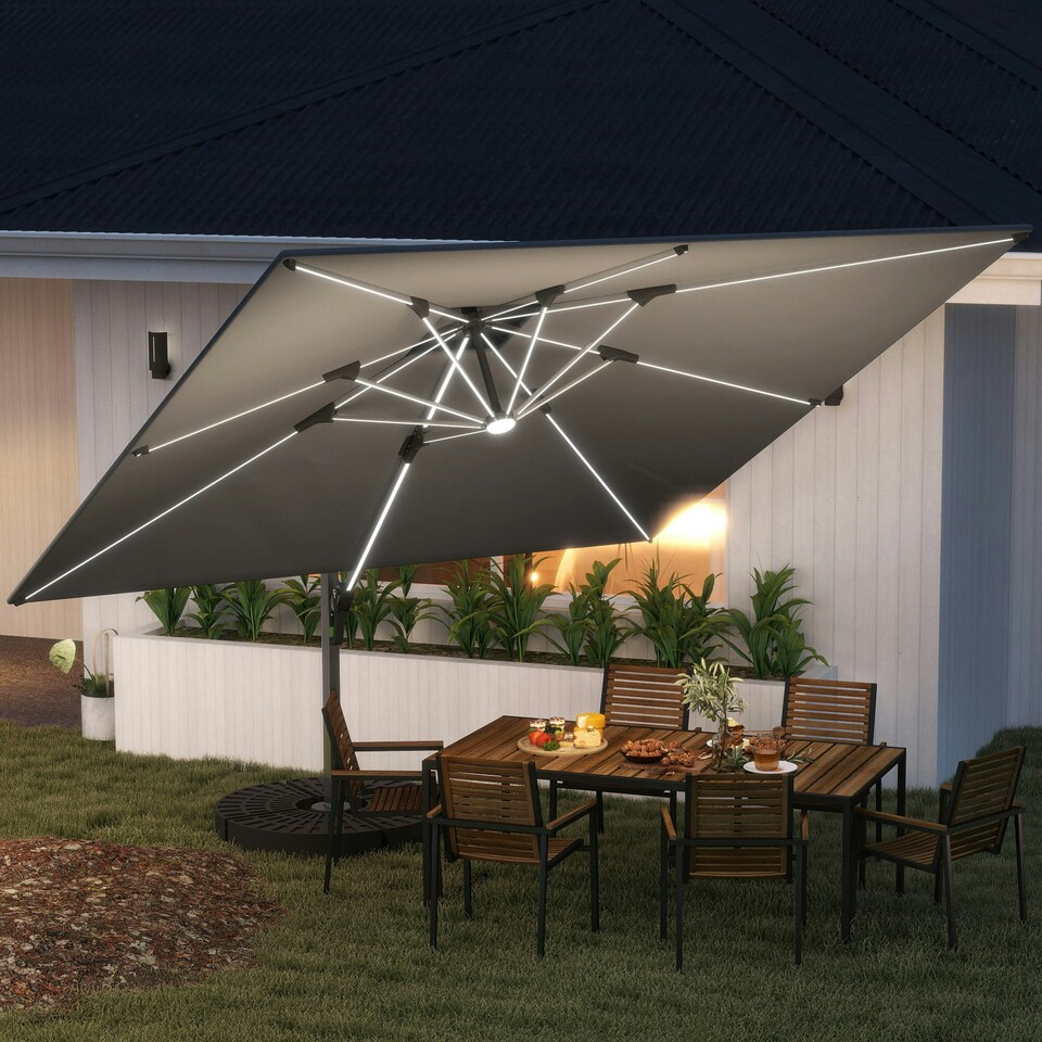image 1 of Outsunny Garden Cantilever Parasol, Patio Umbrella w/ Solar LED Lights, Grey Grey | Grey