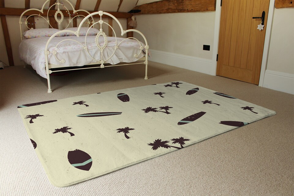 image 1 of Surf Board & Palm Silhouettes Rug | Multi