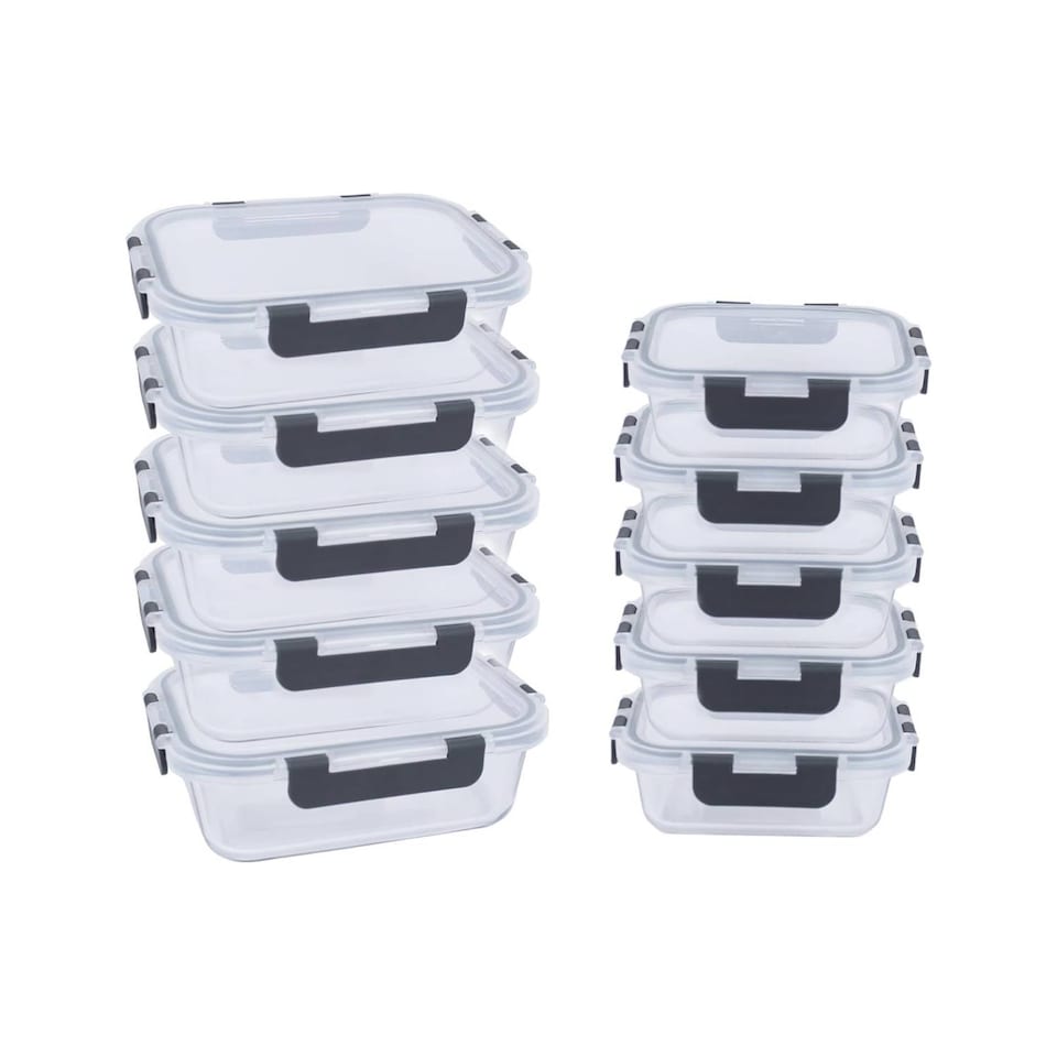 image 1 of Alivio Pack of 10 Food Storage Containers, Meal Prep Containers with Leakproof Lid, Airtight Lunch Box, Microwave, Oven, Freezer & Dishwasher Glass Storage Box (Transparent, Set of 10pc)
