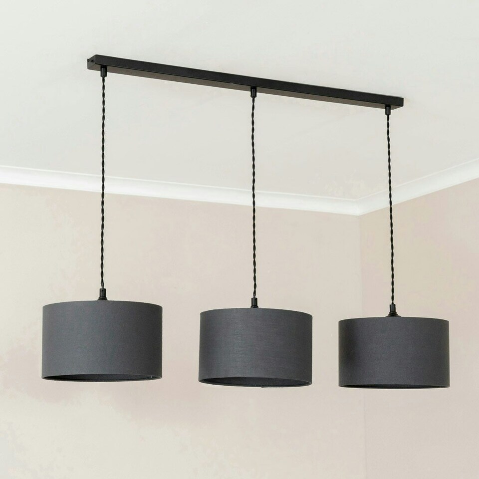 image 1 of ValueLights Reni Charcoal Drum Shade 3 Drop Bar Matte Black Diner Ceiling Light with Bulbs Black