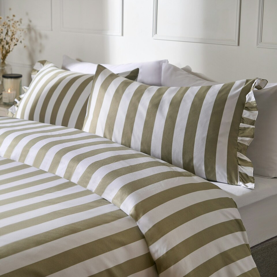 image 1 of OHS Stripe Print Frill Edge Soft Duvet Cover Bedding Set | Green | Sage | Double