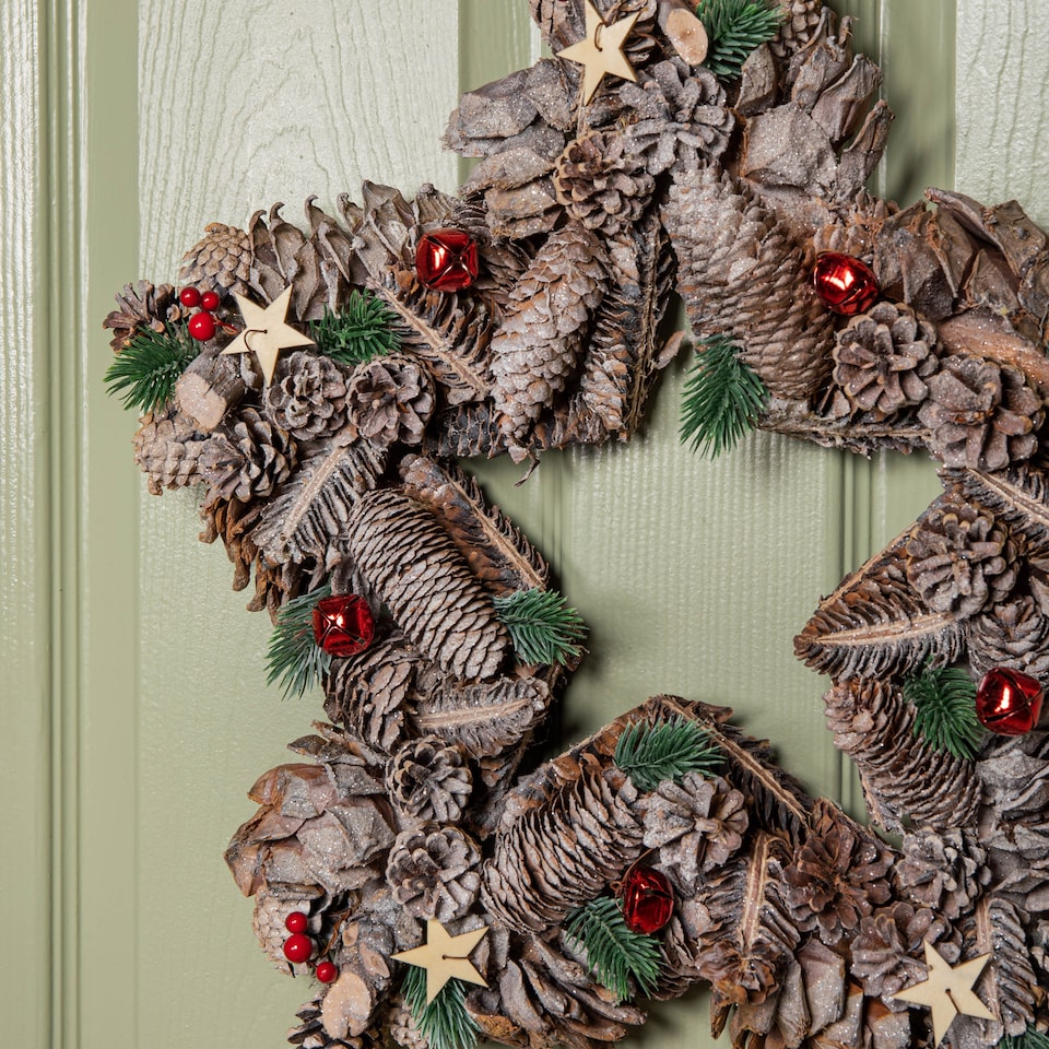 image 1 of 45cm Frosted Hanging Christmas Star Wreath with Red Jingle Bells & Wooden Stars
