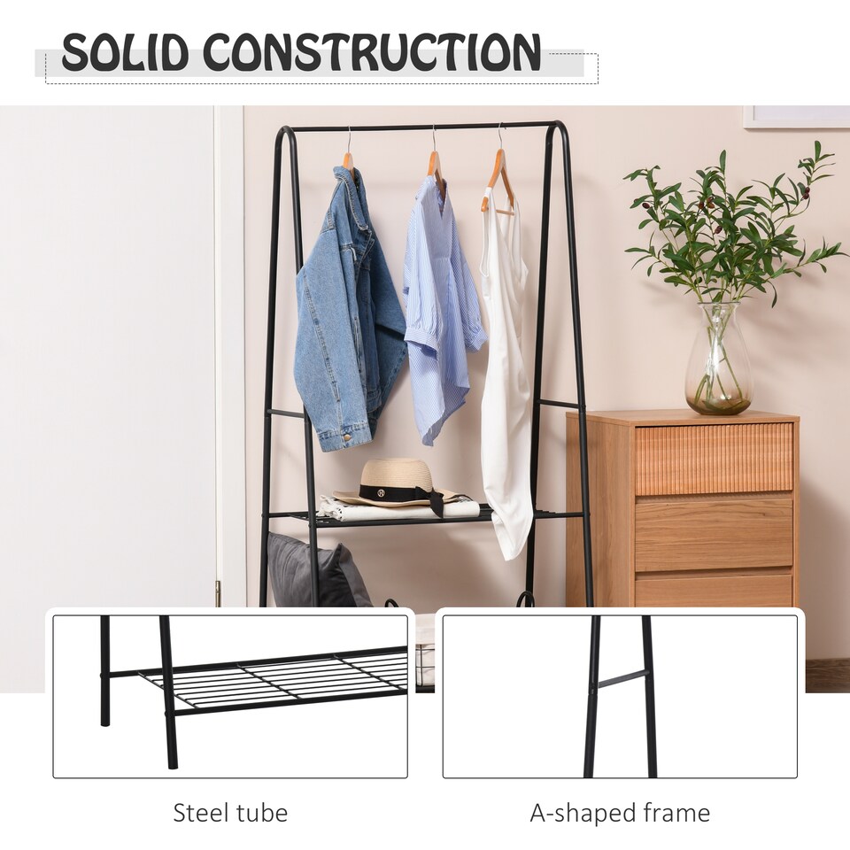 image 1 of HOMCOM Metal Clothes Rack Coat Garment Hanger Hallway Organiser Hanging Rail Stand 2-tier Shoe Shelving A Shaped 77L x 45W x 153H cm Black