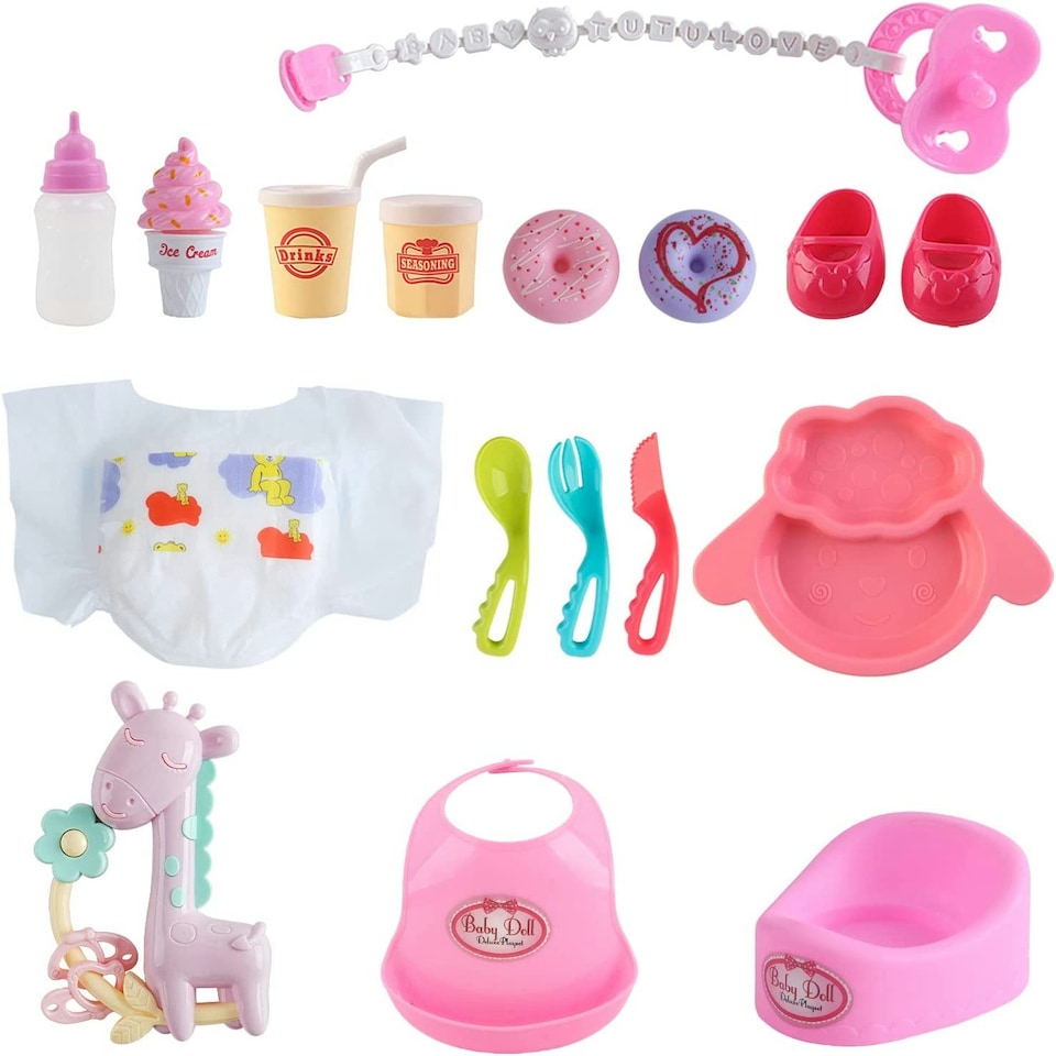 image 1 of 12” My First Baby Doll Play Set – 15 Piece Set with Crib, Mobile, High Chair & Accessories – Soft Body Doll for Kids Ages 3+