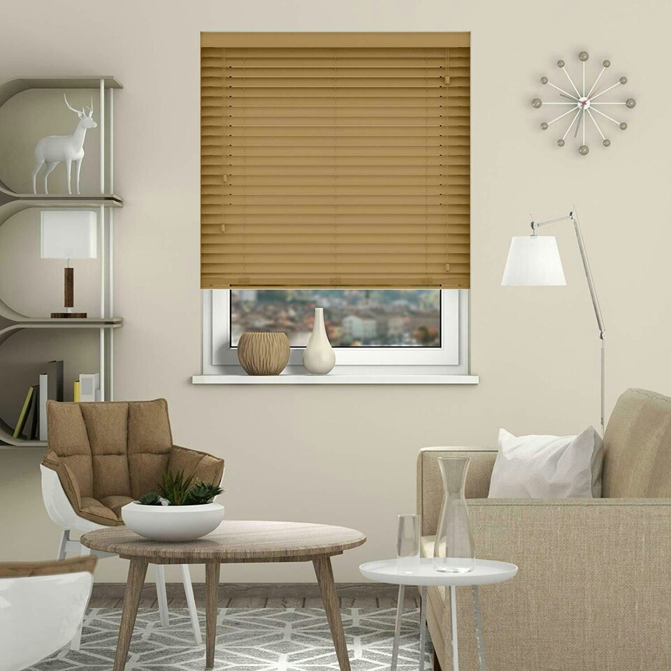image 1 of 170cm Sahara Oak Faux Wood Venetian Blinds with String (130cm Drop) Brown | Brown