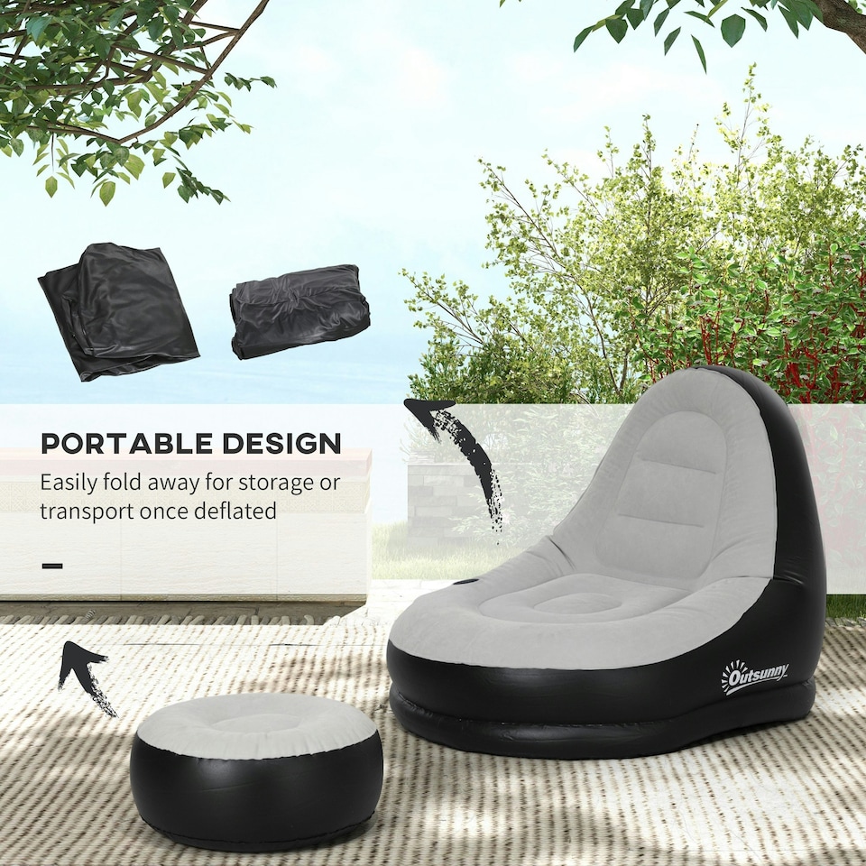 image 1 of Outsunny Inflatable Chair and Footstool for Gaming, Reading, Watching, Grey