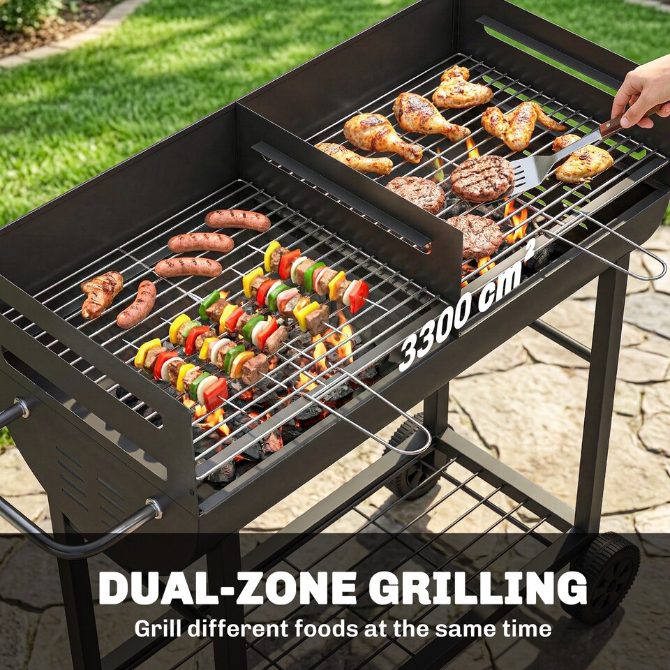 image 1 of Outsunny Charcoal Barbecue Grill with 2 Cooking Areas, Wheels | Black | Black | 103L x 46.5W x 100H cm